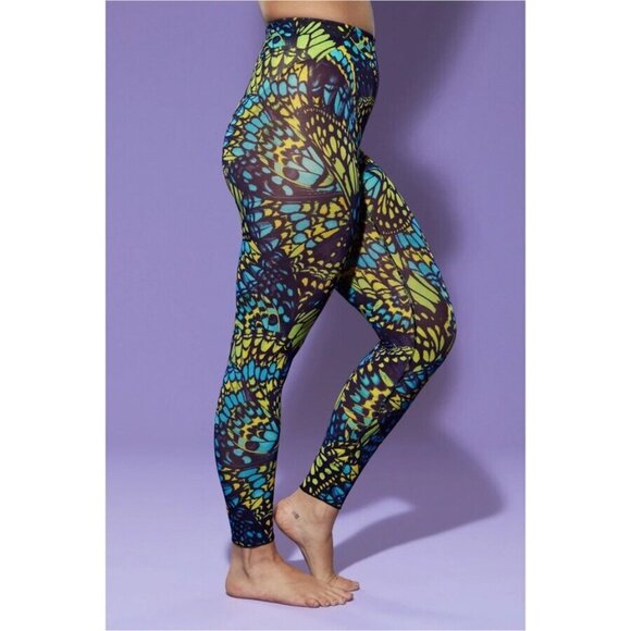 NEW Yitty Mesh Me Smoothing High Waist Legging Green Yellow Blue Butterfly Print - Picture 2 of 10